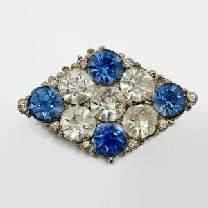 Rhinestone Brooch, Art Deco, Blue, Clear, Sparkling, 1930s, 30s,Silver Pot Metal